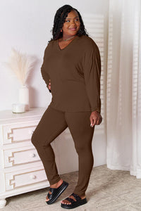 Thumbnail for Sustainble Full Size V-Neck Soft Rayon Long Sleeve Top and Pants Lounge Set - Opulence & Essence