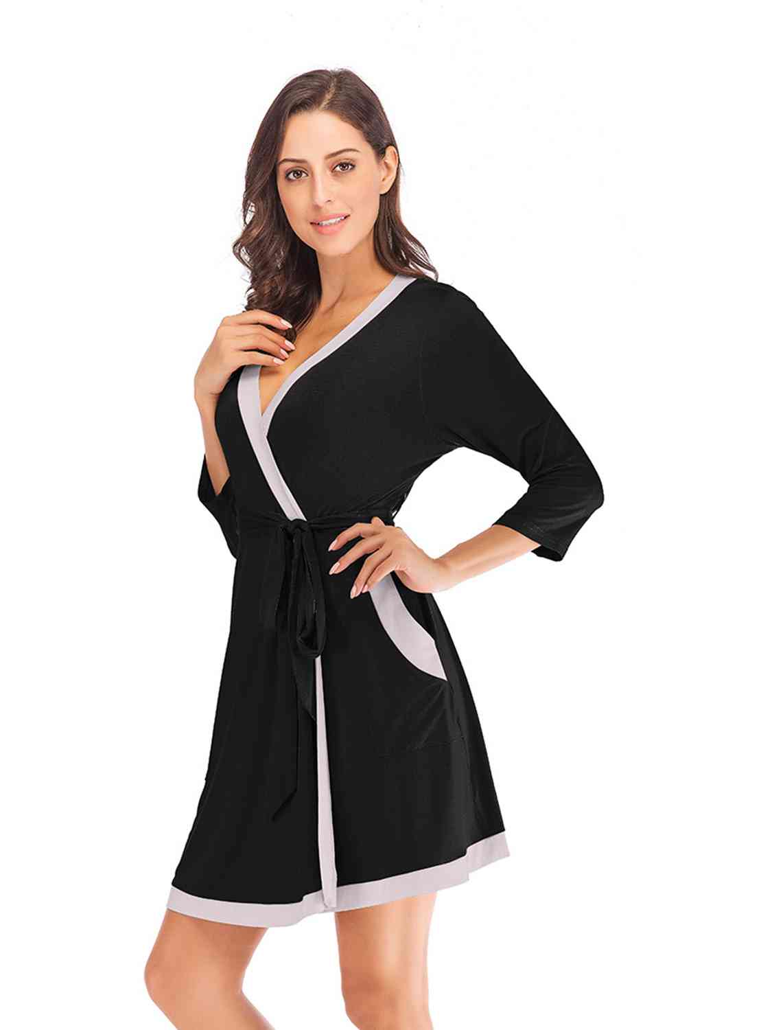 Tie Waist Surplice Neck Robe with Pockets - Opulence & Essence