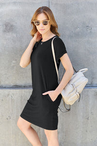 Thumbnail for Sustainable Full Size Round Neck Short Sleeve Dress with Pockets - Opulence & Essence