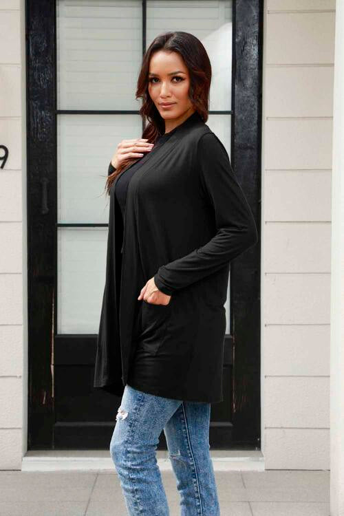 Sustainable Full Size Open Front Long Sleeve Cardigan with Pockets - Opulence & Essence