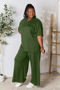 Thumbnail for Double Take Full Size Round Neck Slit Top and Pants Set - Opulence & Essence