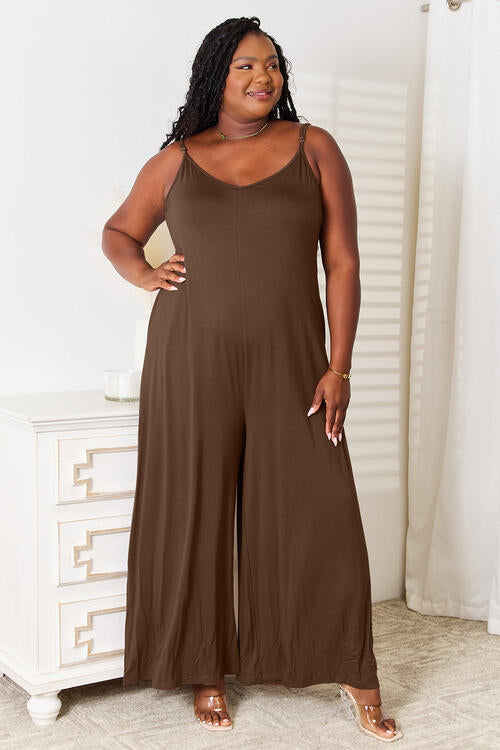 Double Take Full Size Soft Rayon Spaghetti Strap Tied Wide Leg Jumpsuit - Opulence & Essence