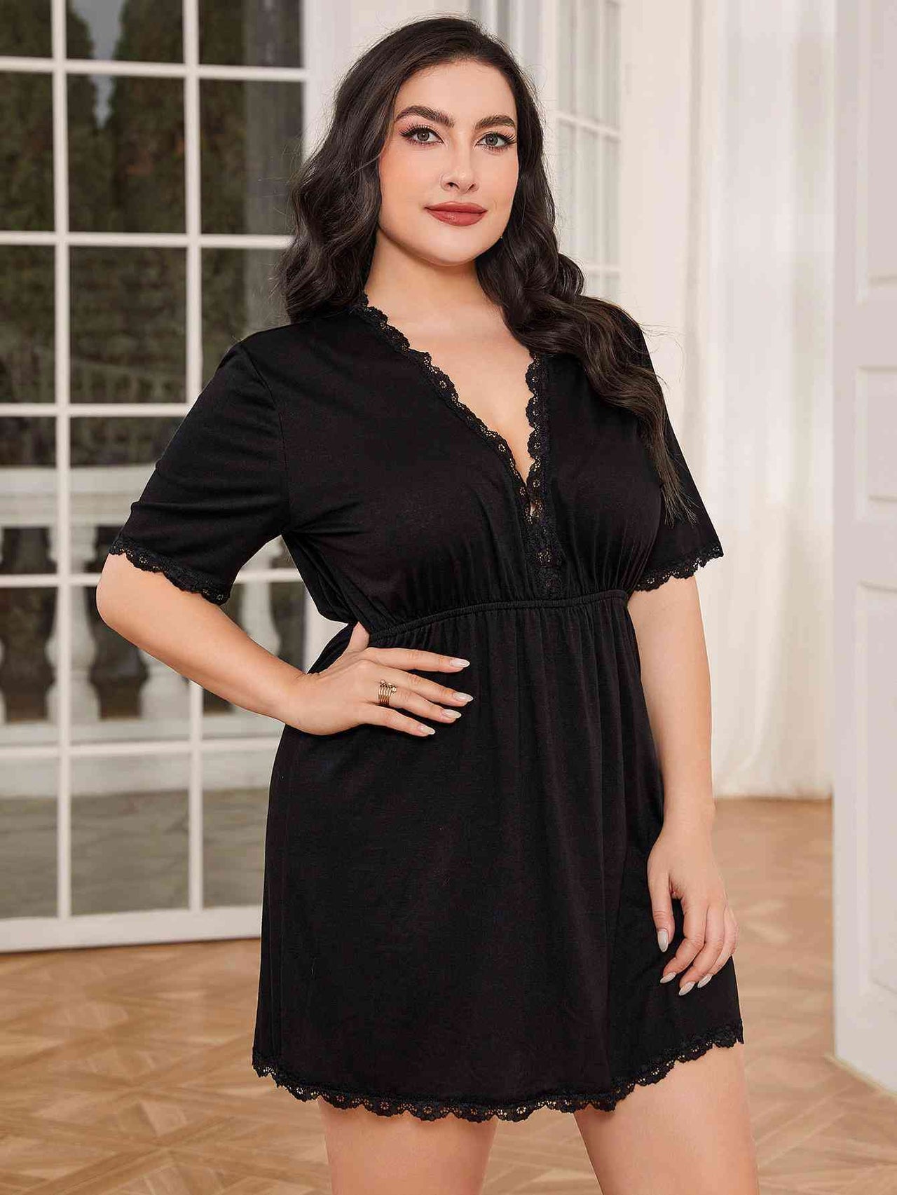 Plus Size Lace Trim Deep V Night Dress - Opulence & Essence