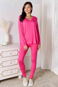 Thumbnail for Sustainble Full Size V-Neck Soft Rayon Long Sleeve Top and Pants Lounge Set - Opulence & Essence