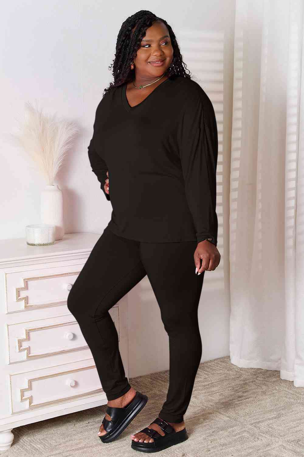 Sustainble Full Size V-Neck Soft Rayon Long Sleeve Top and Pants Lounge Set - Opulence & Essence