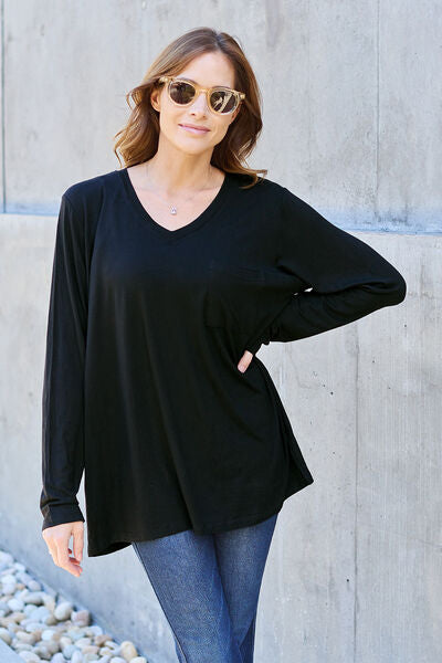 Sustainable Full Size V-Neck Long Sleeve Top - Opulence & Essence