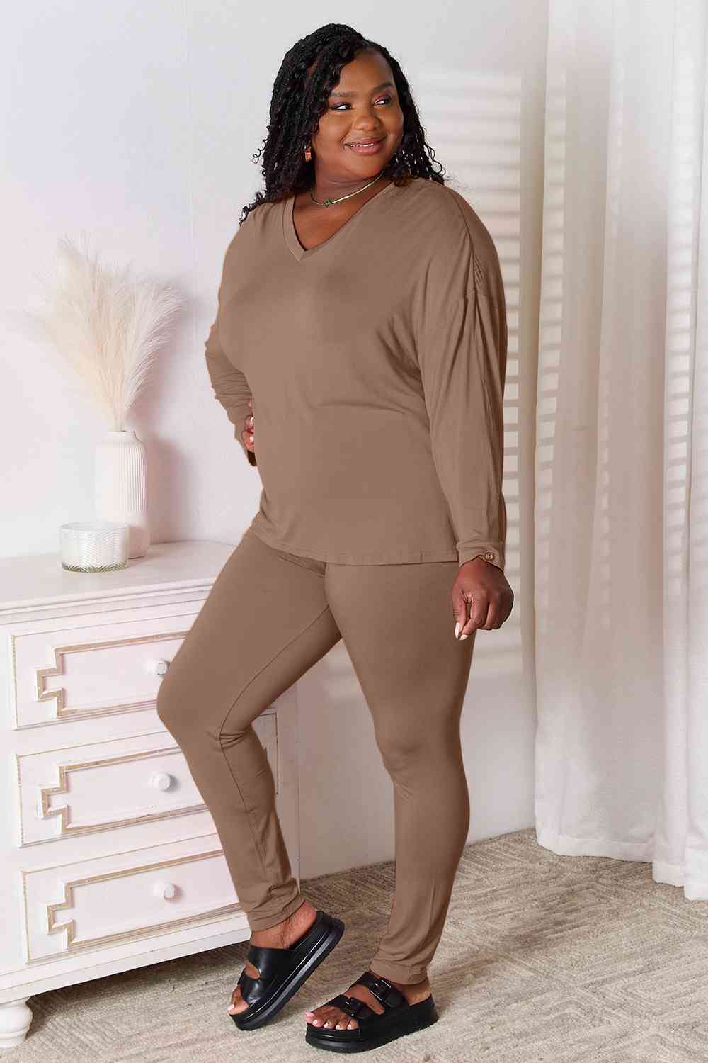 Sustainble Full Size V-Neck Soft Rayon Long Sleeve Top and Pants Lounge Set - Opulence & Essence