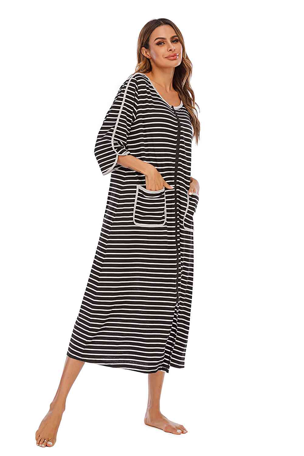 Round Neck Three-Quarter Sleeve Midi Night Dress - Opulence & Essence