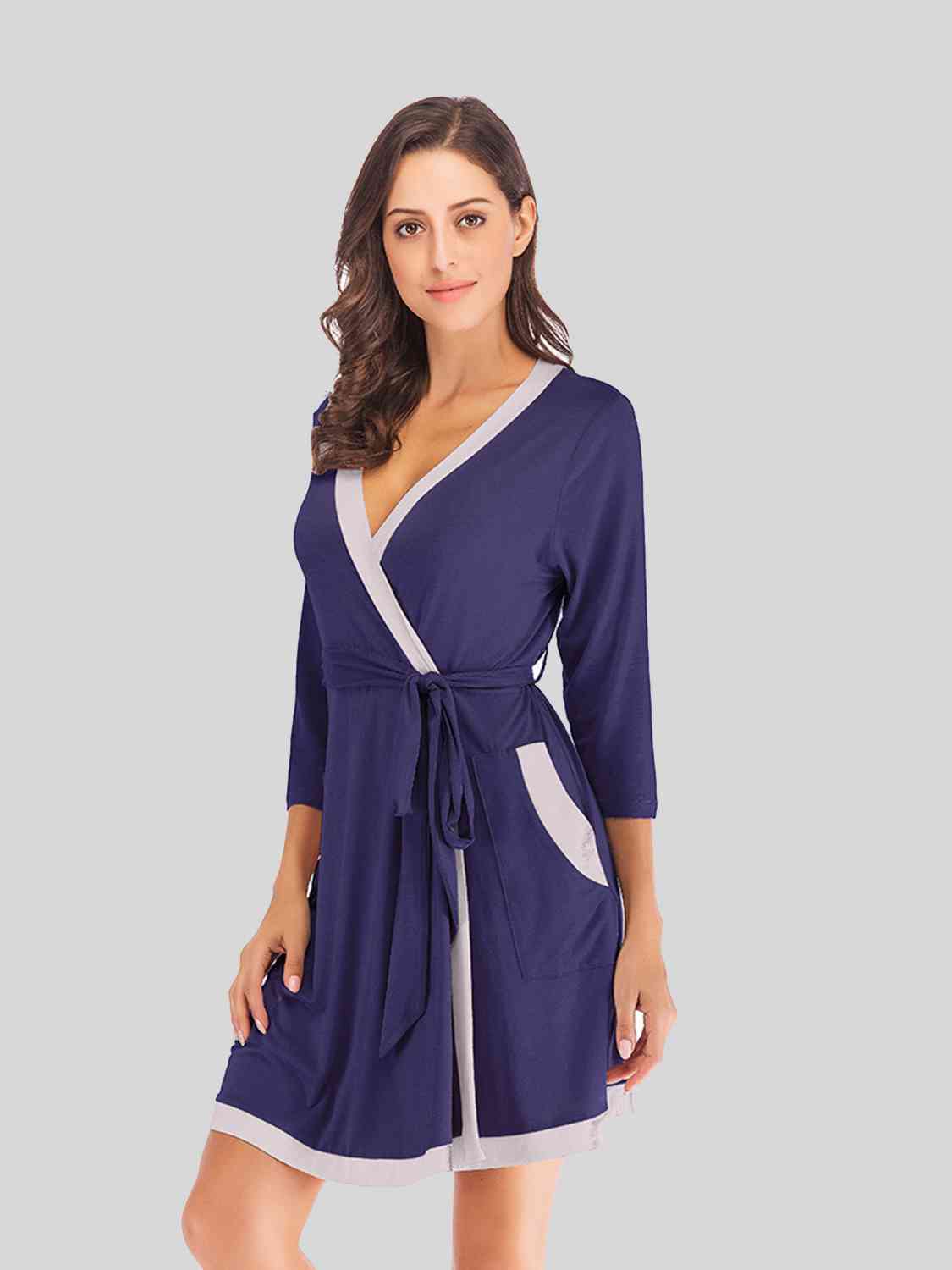 Tie Waist Surplice Neck Robe with Pockets - Opulence & Essence