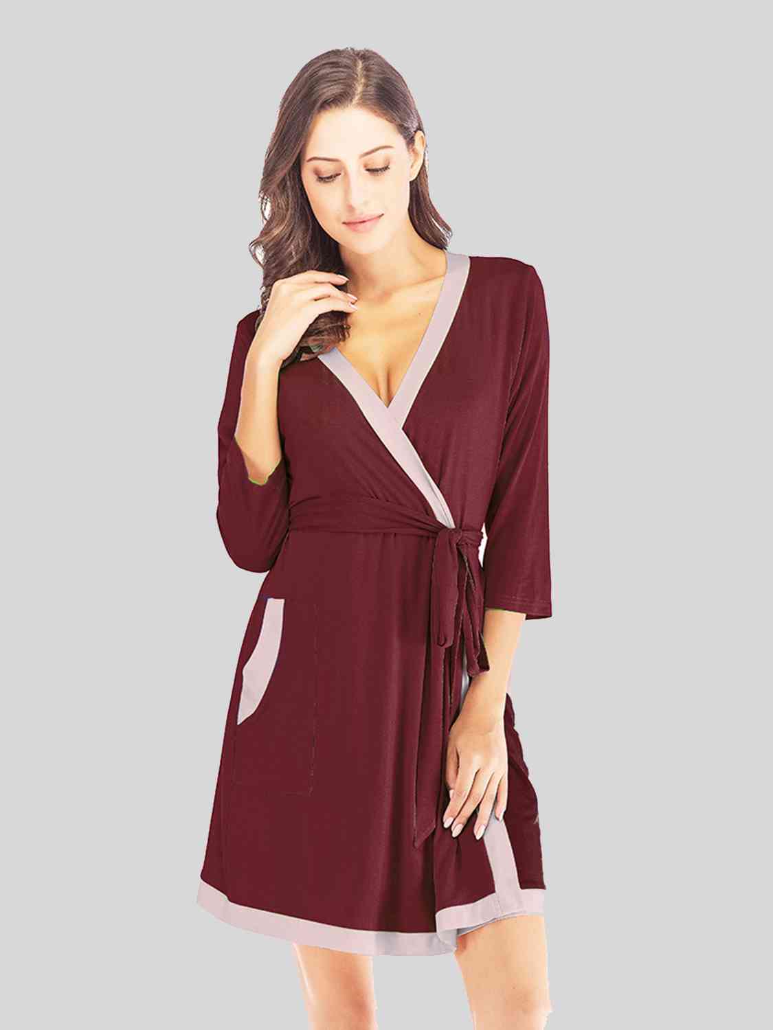 Tie Waist Surplice Neck Robe with Pockets - Opulence & Essence