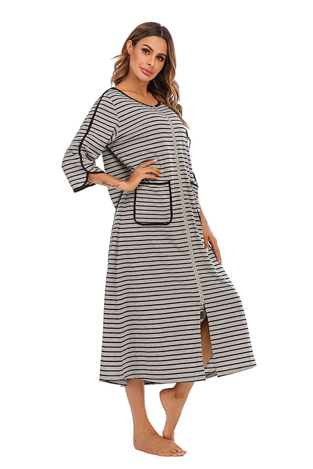 Round Neck Three-Quarter Sleeve Midi Night Dress - Opulence & Essence