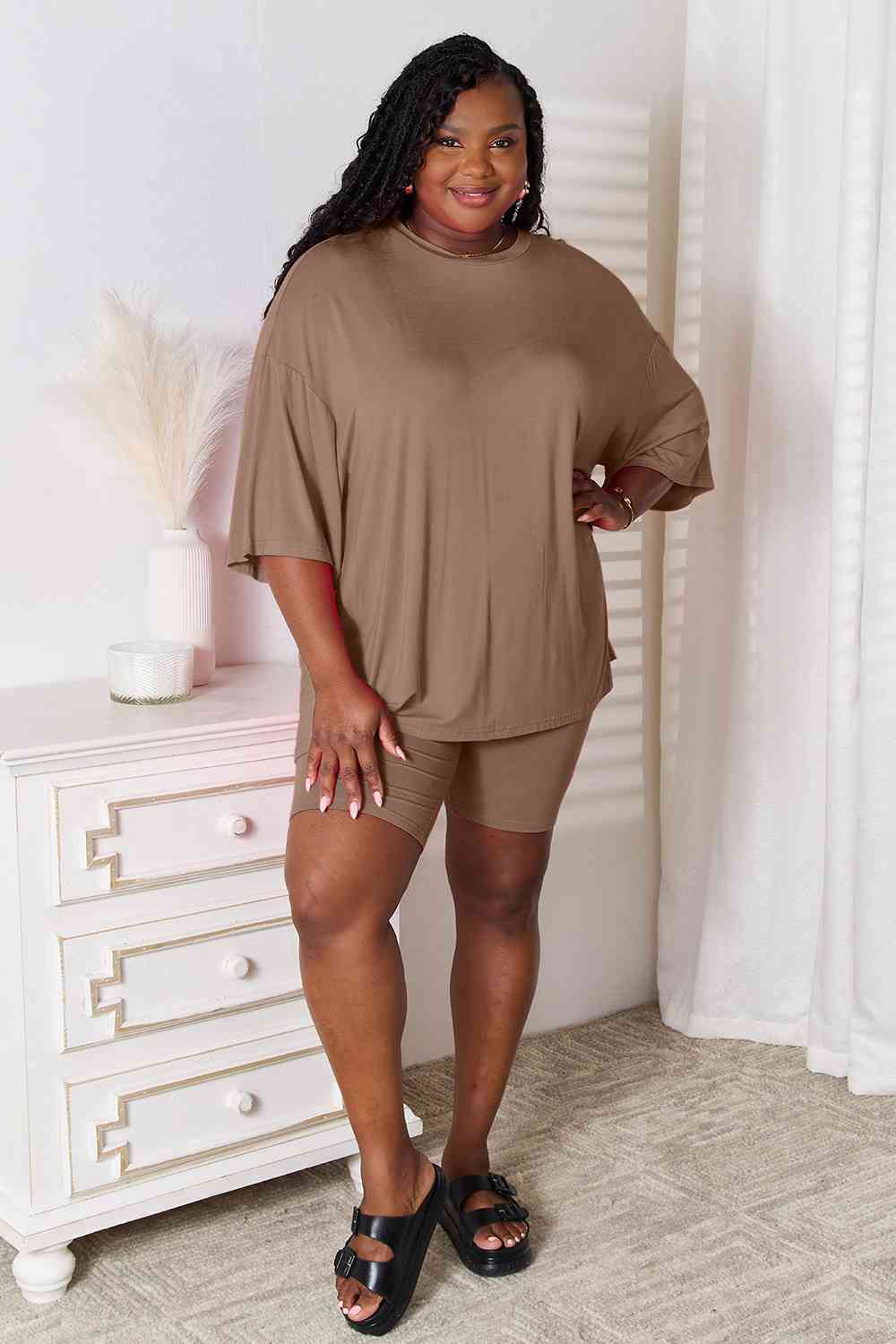 Sustainable Full Size Soft Rayon Three-Quarter Sleeve Top and Shorts Set - Opulence & Essence