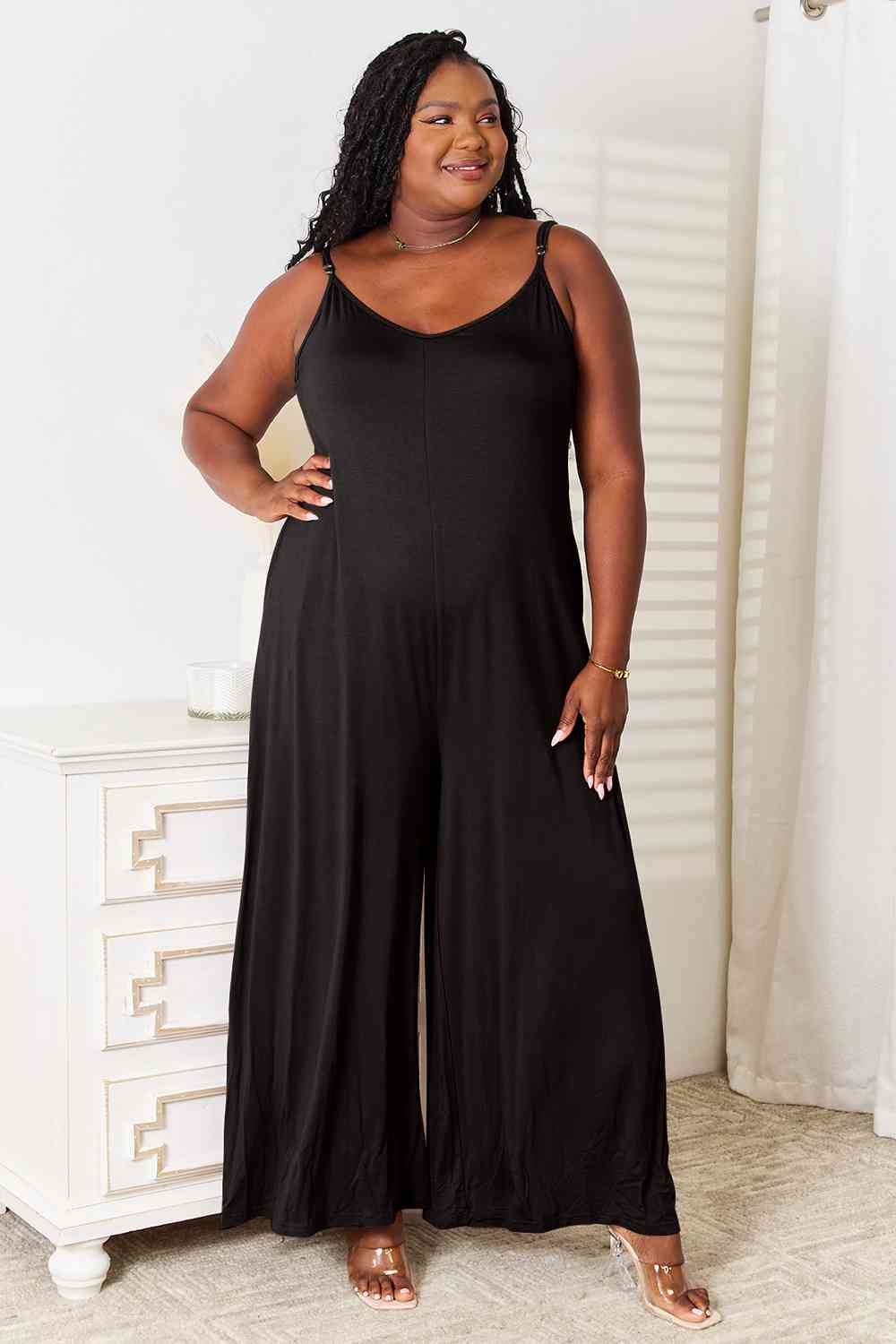 Double Take Full Size Soft Rayon Spaghetti Strap Tied Wide Leg Jumpsuit - Opulence & Essence