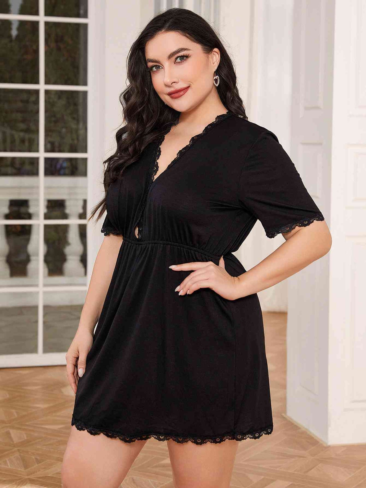 Plus Size Lace Trim Deep V Night Dress - Opulence & Essence