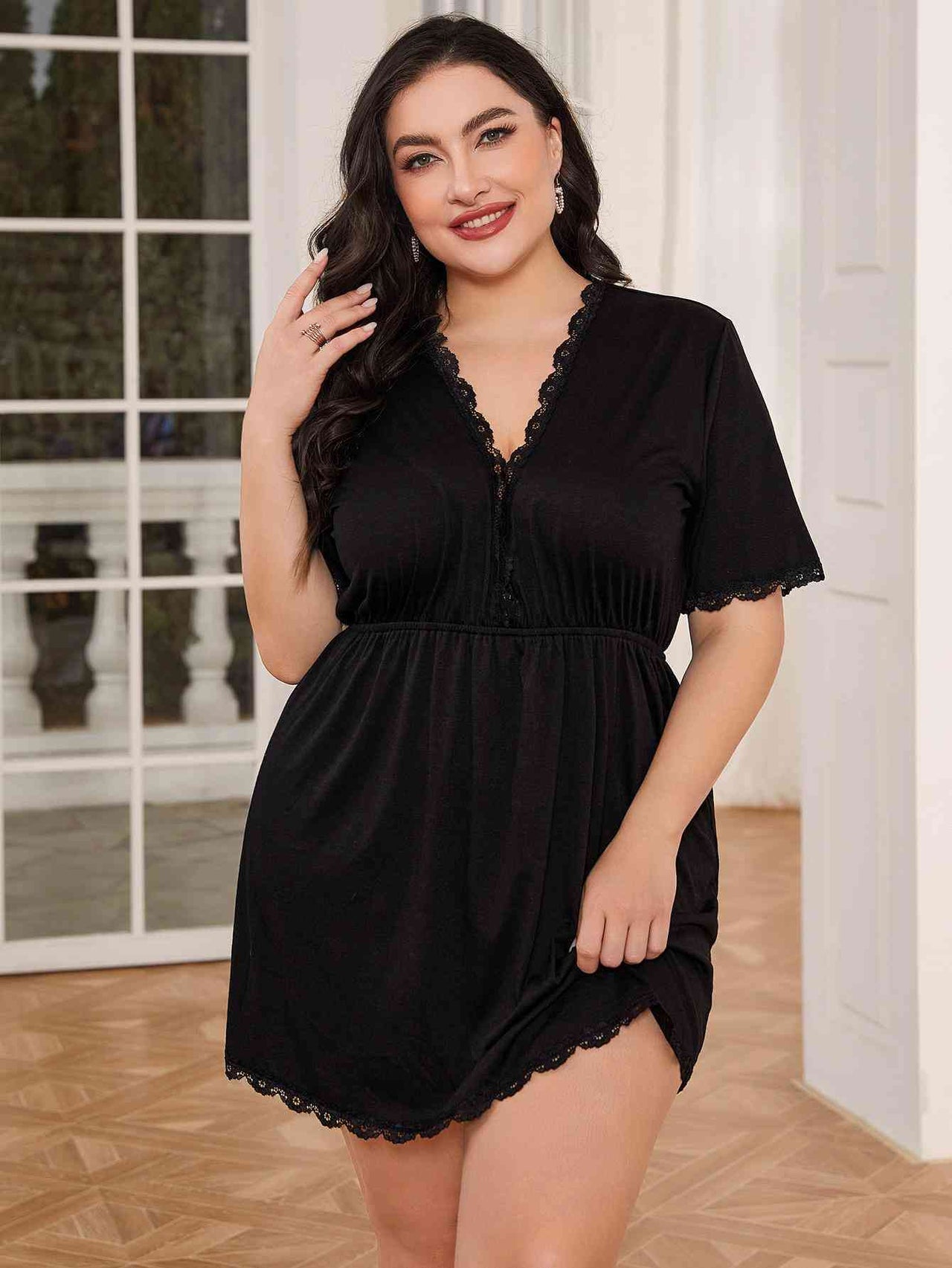 Plus Size Lace Trim Deep V Night Dress - Opulence & Essence