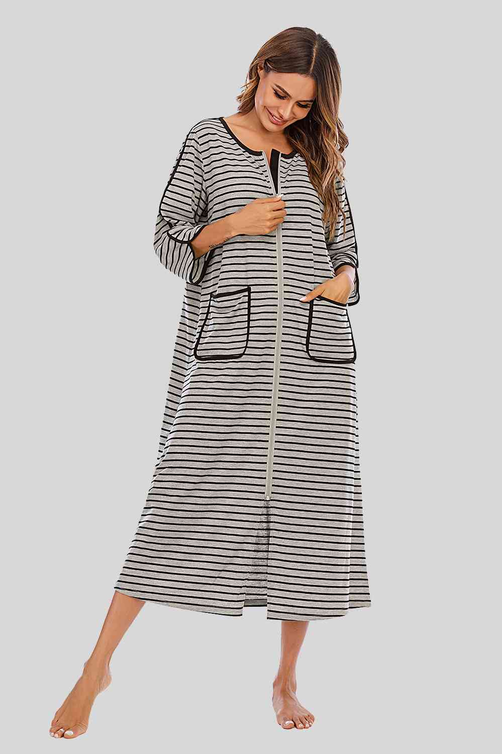 Round Neck Three-Quarter Sleeve Midi Night Dress - Opulence & Essence