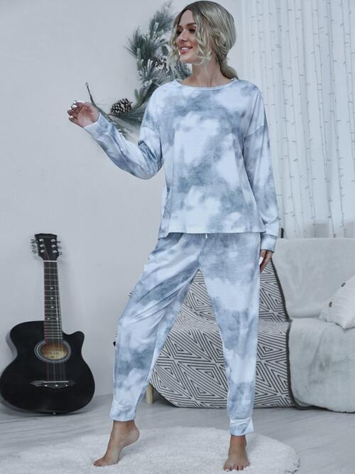 Tie-dye Round Neck Top and Drawstring Pants Lounge Set - Opulence & Essence