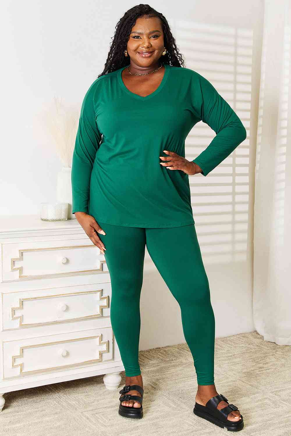 Zenana Lazy Days Full Size Long Sleeve Top and Leggings Set - Opulence & Essence