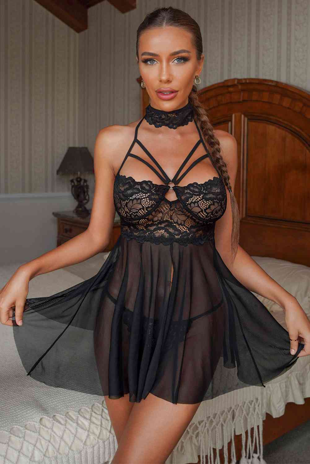 Lace Mesh Backless Babydoll Lingerie Set - Opulence & Essence