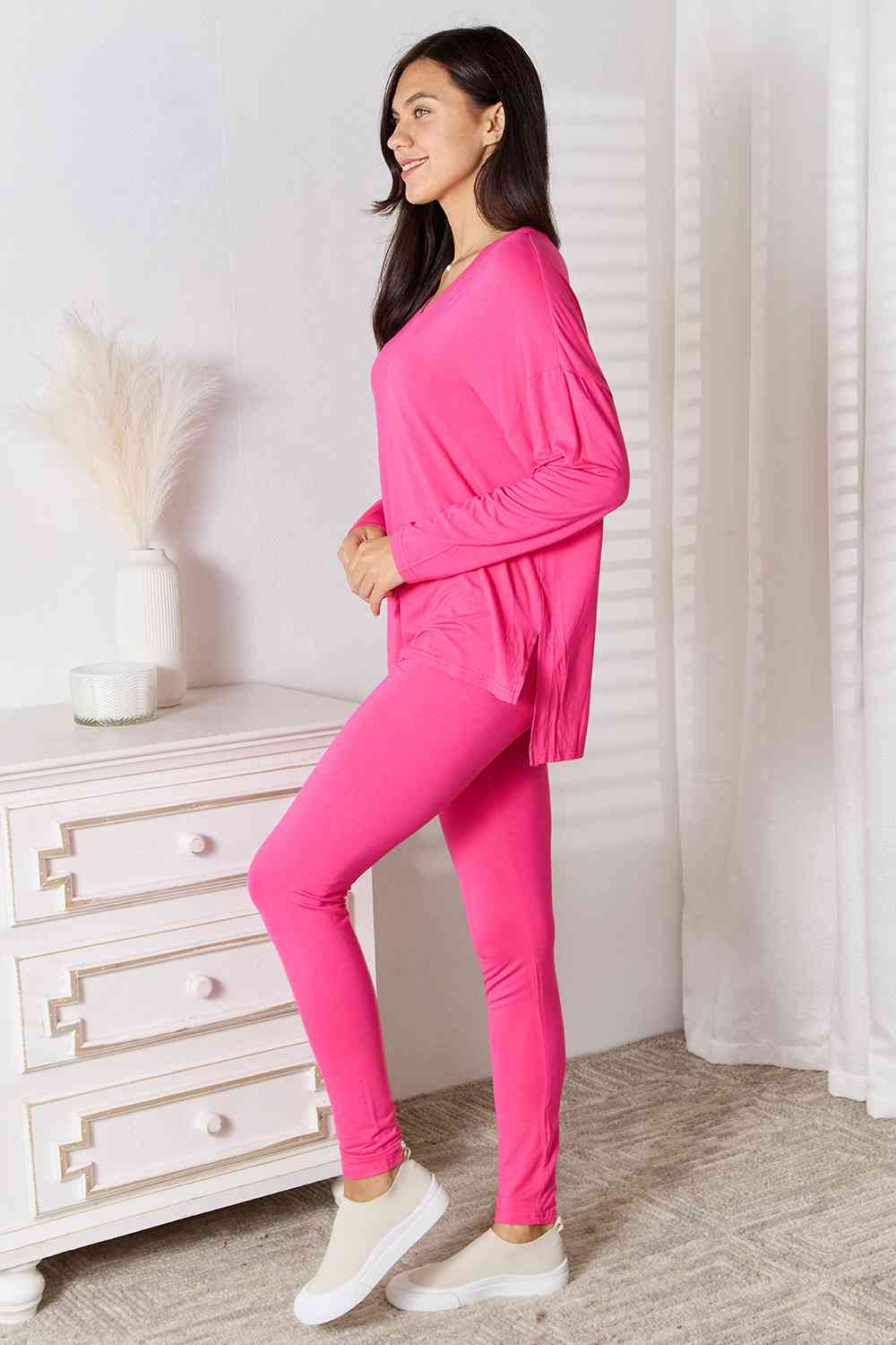 Sustainble Full Size V-Neck Soft Rayon Long Sleeve Top and Pants Lounge Set - Opulence & Essence