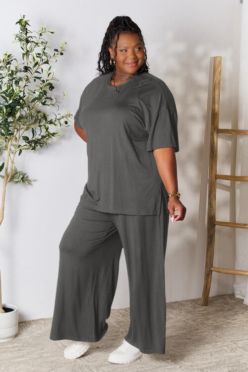 Double Take Full Size Round Neck Slit Top and Pants Set - Opulence & Essence