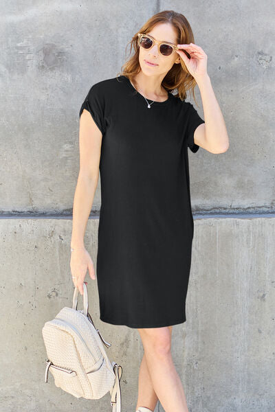 Sustainable Full Size Round Neck Short Sleeve Dress with Pockets - Opulence & Essence