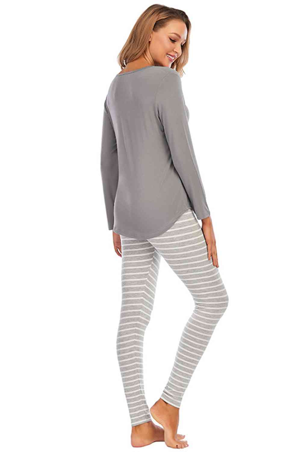 Graphic Round Neck Top and Striped Pants Set - Opulence & Essence