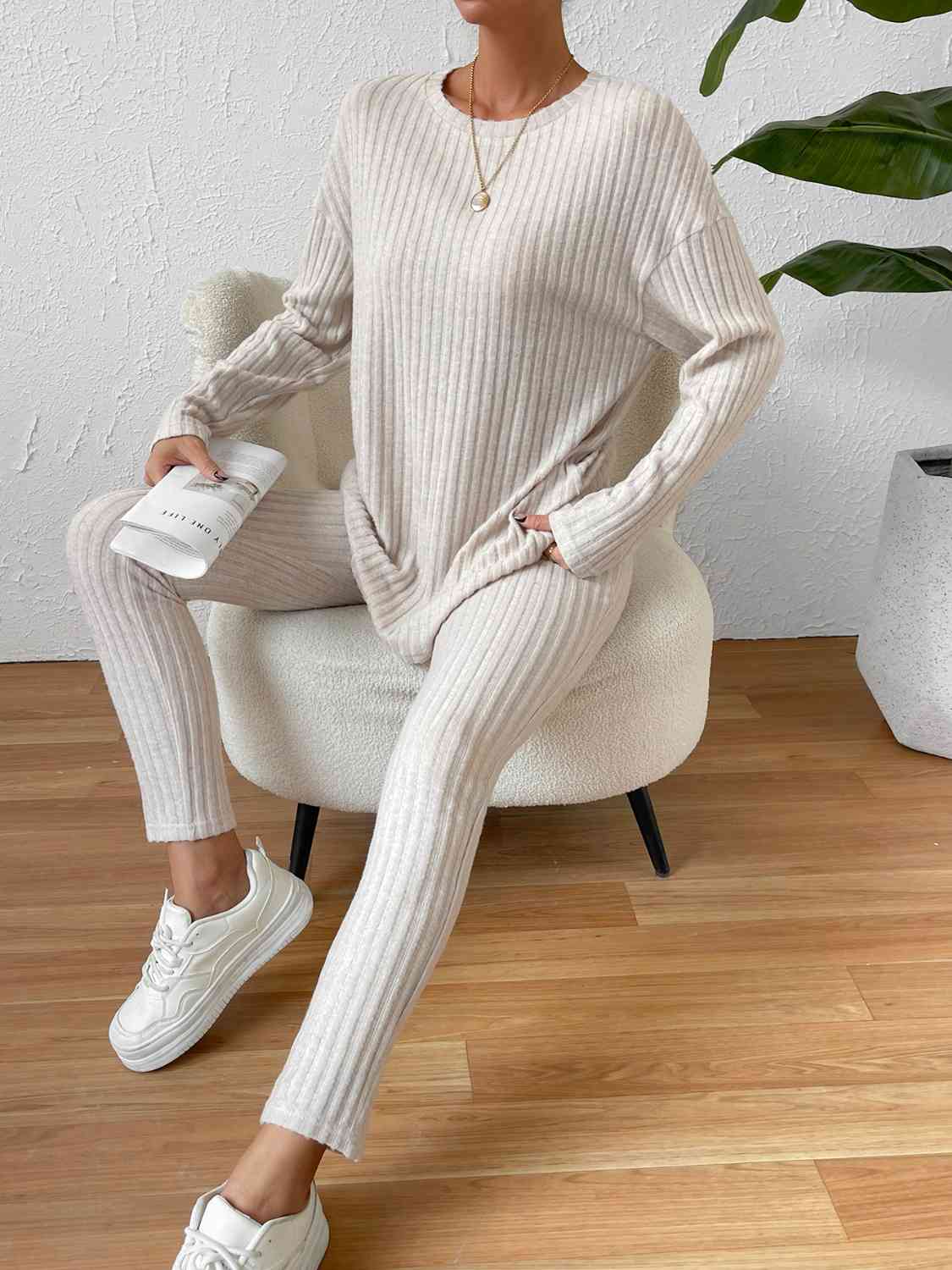 Ribbed Top and Pants Lounge Set - Opulence & Essence