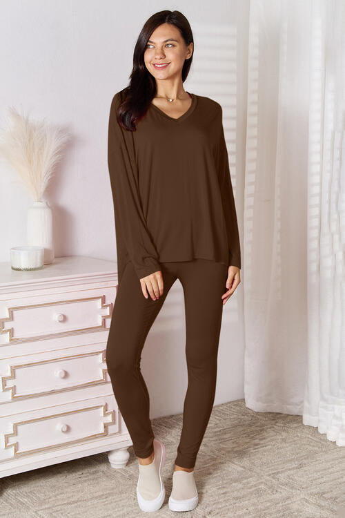 Sustainble Full Size V-Neck Soft Rayon Long Sleeve Top and Pants Lounge Set - Opulence & Essence