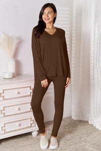 Thumbnail for Sustainble Full Size V-Neck Soft Rayon Long Sleeve Top and Pants Lounge Set - Opulence & Essence