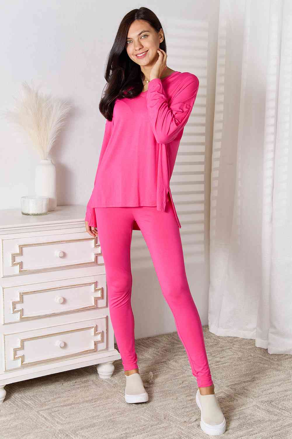 Sustainble Full Size V-Neck Soft Rayon Long Sleeve Top and Pants Lounge Set - Opulence & Essence