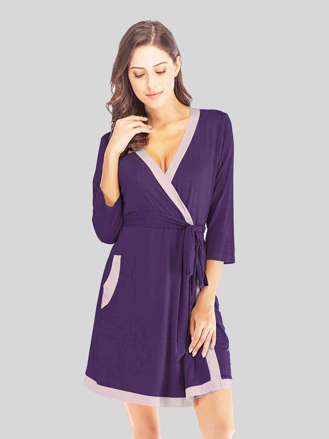 Tie Waist Surplice Neck Robe with Pockets - Opulence & Essence