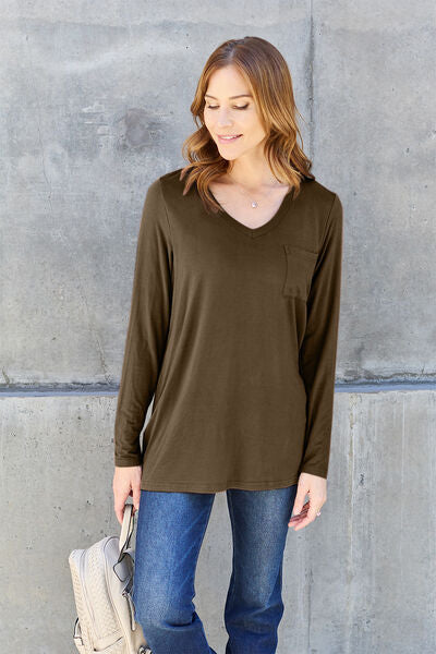 Sustainable Full Size V-Neck Long Sleeve Top - Opulence & Essence