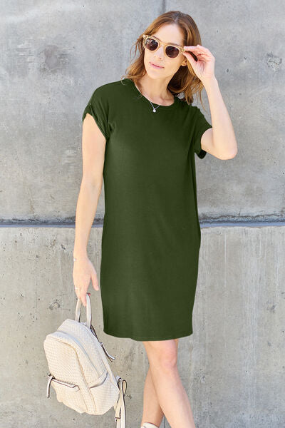 Sustainable Full Size Round Neck Short Sleeve Dress with Pockets - Opulence & Essence