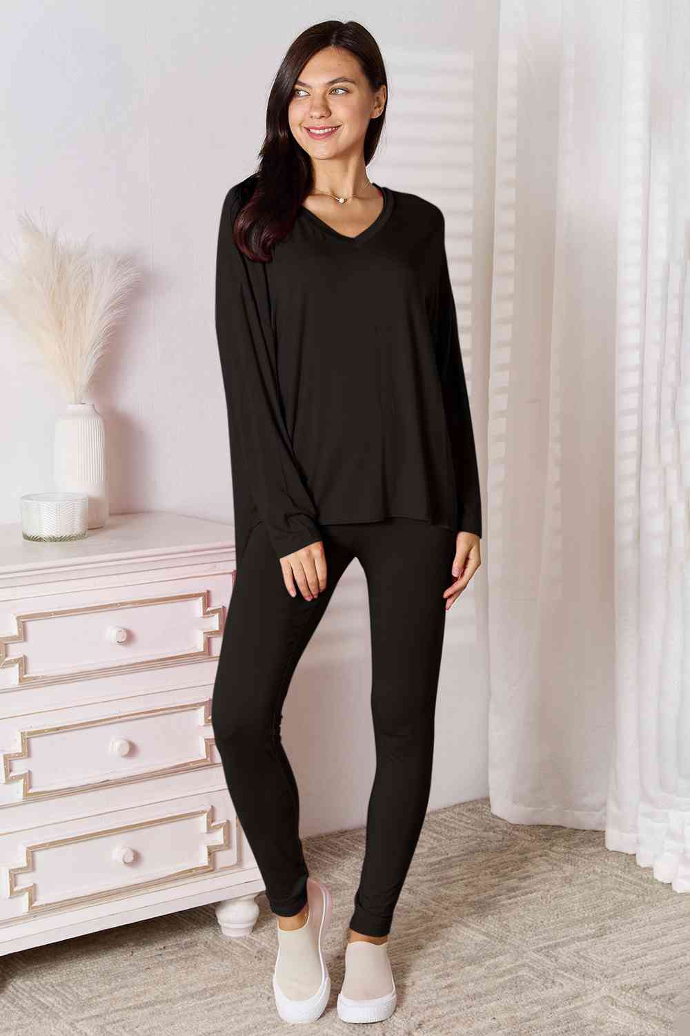 Sustainble Full Size V-Neck Soft Rayon Long Sleeve Top and Pants Lounge Set - Opulence & Essence