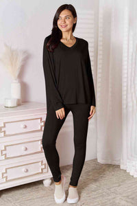 Thumbnail for Sustainble Full Size V-Neck Soft Rayon Long Sleeve Top and Pants Lounge Set - Opulence & Essence