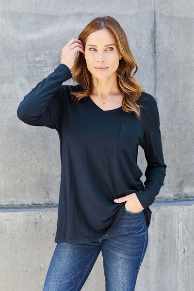 Sustainable Full Size V-Neck Long Sleeve Top - Opulence & Essence