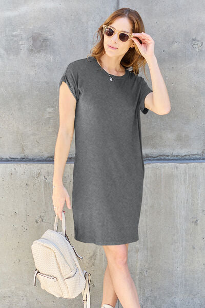 Sustainable Full Size Round Neck Short Sleeve Dress with Pockets - Opulence & Essence