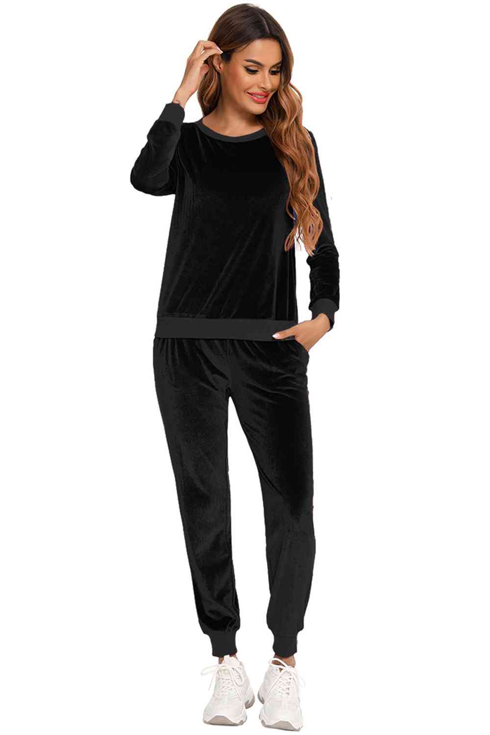 Round Neck Long Sleeve Loungewear Set with Pockets - Opulence & Essence