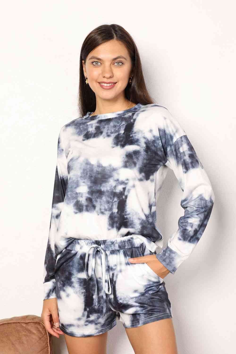 Double Take Tie-Dye Round Neck Top and Shorts Lounge Set - Opulence & Essence