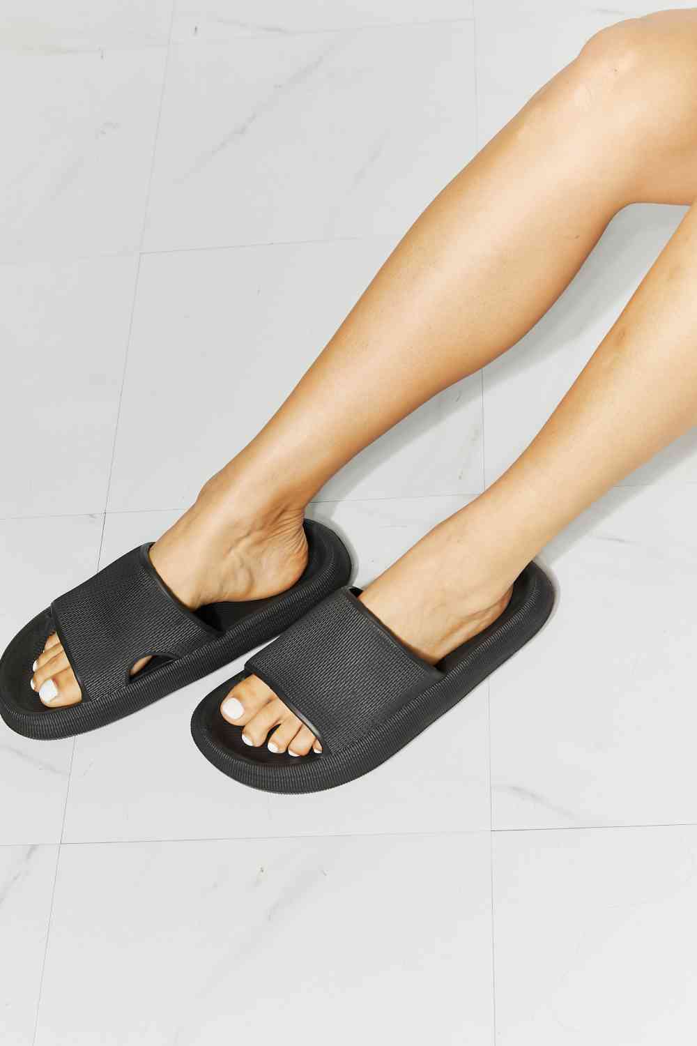 MMShoes Arms Around Me Open Toe Slide in Black - Opulence & Essence