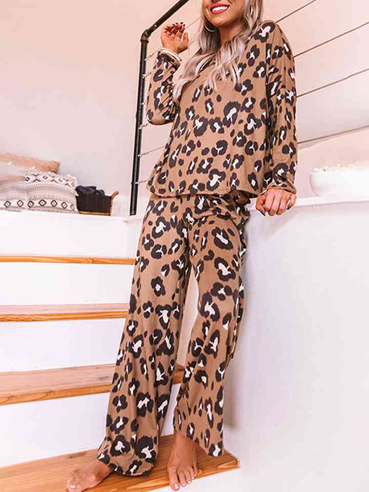 Leopard Long Sleeve Top and Pants Lounge Set - Opulence & Essence