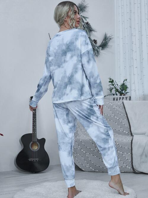 Tie-dye Round Neck Top and Drawstring Pants Lounge Set - Opulence & Essence