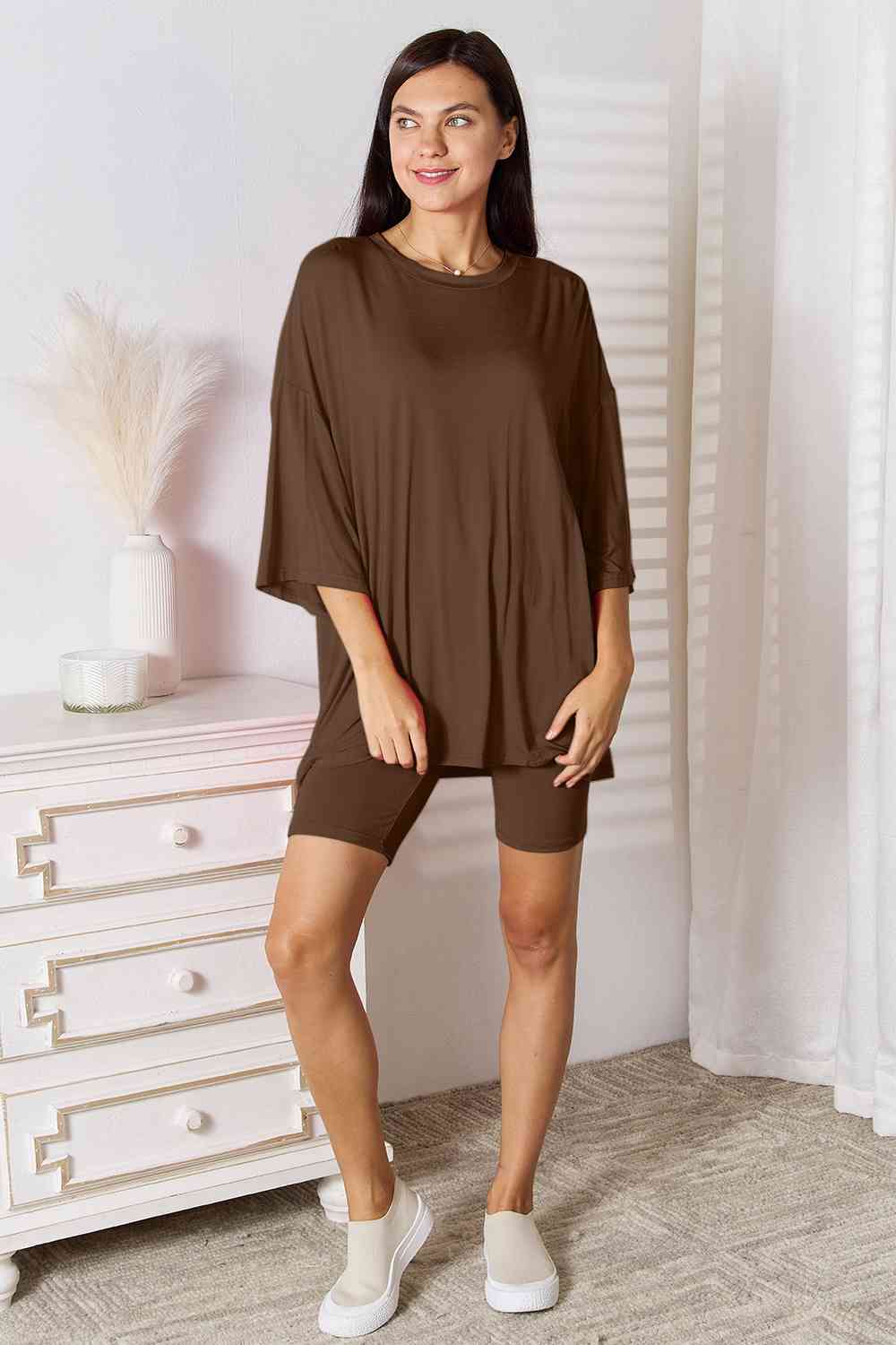 Sustainable Full Size Soft Rayon Three-Quarter Sleeve Top and Shorts Set - Opulence & Essence