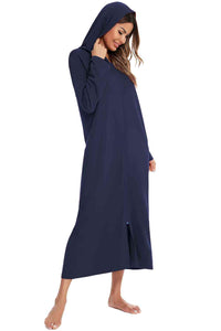 Thumbnail for Zip Front Hooded Night Dress with Pockets - Opulence & Essence