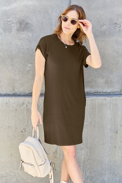 Sustainable Full Size Round Neck Short Sleeve Dress with Pockets - Opulence & Essence