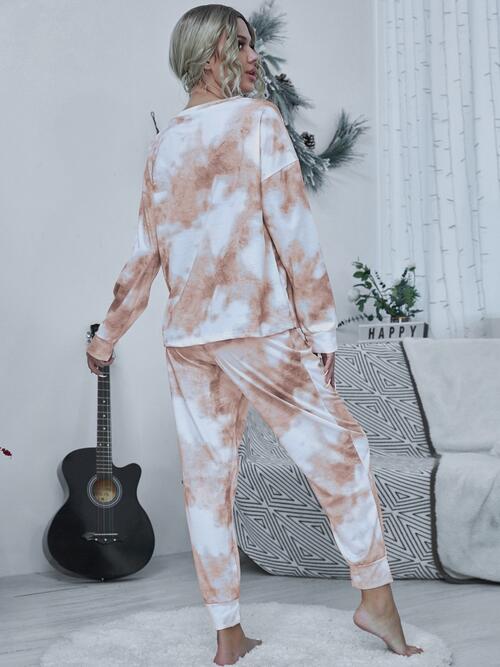 Tie-dye Round Neck Top and Drawstring Pants Lounge Set - Opulence & Essence