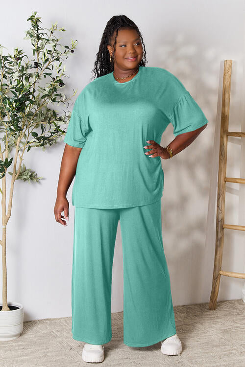 Double Take Full Size Round Neck Slit Top and Pants Set - Opulence & Essence