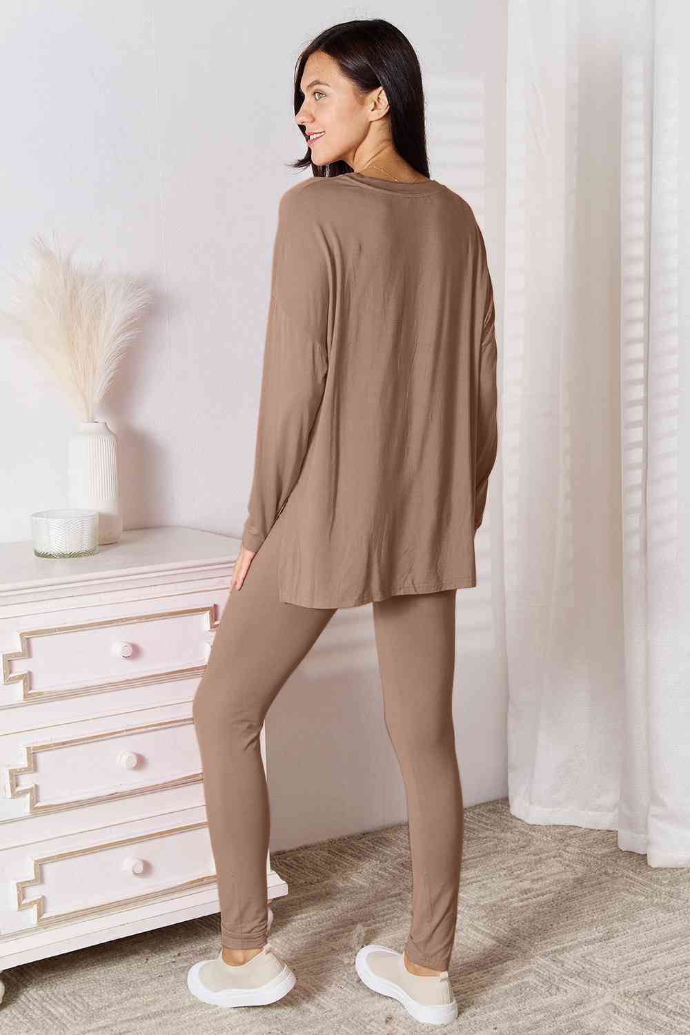 Sustainble Full Size V-Neck Soft Rayon Long Sleeve Top and Pants Lounge Set - Opulence & Essence