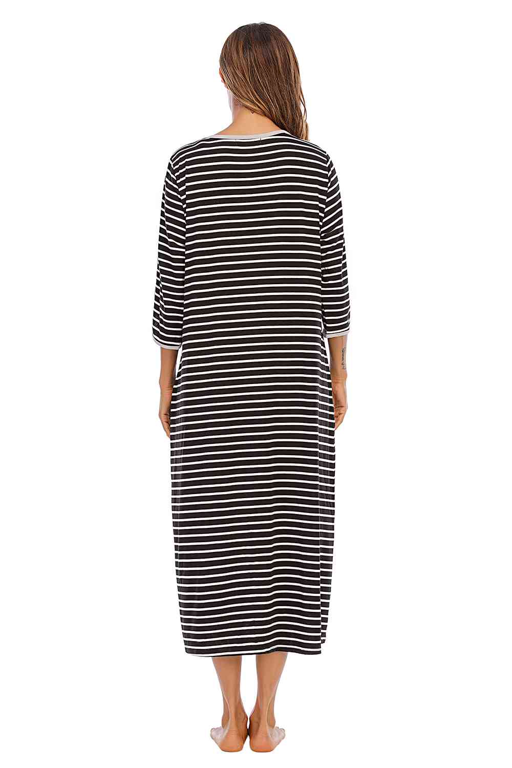 Round Neck Three-Quarter Sleeve Midi Night Dress - Opulence & Essence